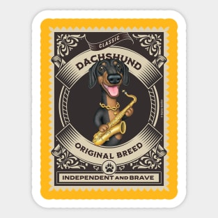 Cute doxie dachshund with sax in golden circle Sticker